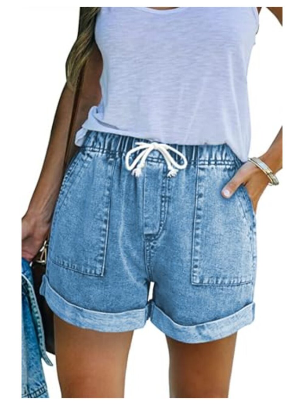 Drawstring Elastic Waist Jean Shorts Tassel Frayed Hem Summer